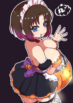 1girl apron bare_shoulders black_background black_choker blue_eyes bow breasts brown_hair candy choker cleavage closed_mouth detached_sleeves dress elma_(maidragon) fishnet_thighhighs fishnets food food_in_mouth frills gradient_hair halloween_bucket halloween_costume highres jack-o'-lantern kobayashi-san_chi_no_maidragon large_breasts lollipop_in_mouth looking_at_viewer maid maid_headdress mouth_hold multicolored_hair nail_polish outline pumpkin purple_bow purple_hair purple_nails reiwa_rerere short_hair simple_background skirt smile solo strapless thighhighs waving