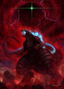 aura bones_(company) colored_smoke epic fangs fog giant giant_monster glowing_mouth godzilla godzilla_(series) godzilla_singular_point godzilla_ultima kaiju lightning monster no_humans open_mouth orange_(company) portal_(object) red_fog rodan scales sharp_teeth smoke spikes spines tail tatsuya_(atelier_road) teeth toho very_long_tail vortex