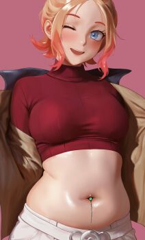 1girl :d ;d absurdres belt blonde_hair blue_eyes blush breasts brown_jacket commentary cowboy_shot crop_top cropped_shirt gradient_hair highres jacket kingamadeus0 long_sleeves looking_at_viewer medium_breasts mega_stone midriff multicolored_hair navel navel_piercing nintendo one_eye_closed open_clothes open_jacket open_mouth parted_bangs partially_undressed piercing pink_background pink_hair pokemon pokemon_legends:_z-a red_shirt ribbed_shirt shirt shorts sidelocks simple_background smile solo standing taunie_(pokemon) teeth turtleneck turtleneck_shirt upper_teeth_only white_belt white_shorts