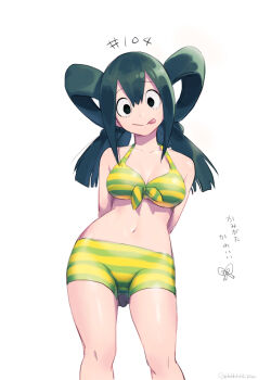 1girl :> arms_behind_back asui_tsuyu bikini bikini_shorts black_eyes boku_no_hero_academia breasts closed_mouth commentary_request contrapposto cowboy_shot frog_girl green_bikini green_hair hair_rings long_hair looking_at_viewer medium_breasts multicolored_bikini navel official_alternate_costume official_alternate_hairstyle ohhhhhhtsu parted_bangs shorts simple_background smile solid_circle_pupils solo standing stomach striped_bikini striped_clothes swimsuit tongue tongue_out translation_request two-tone_bikini white_background yellow_bikini