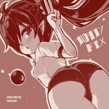 1girl ;o ass ass_focus backbeako_(torotei) backbeard blush breasts buruma commentary dated dated_commentary female_focus from_behind gegege_no_kitarou gym_shirt hair_over_one_eye hair_ribbon hand_up kono_lolicon_domome loli long_hair looking_at_viewer looking_back monochrome one_eye_closed original parted_lips pointy_ears ribbon shirt short_sleeves simple_background small_breasts solo symbol-only_commentary torotei translated twintails v watermark web_address