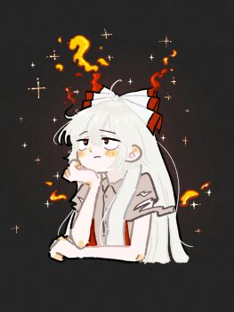 Rule 34 | 1girl, bow, commentary request, fire, fujiwara no mokou, grey background, hair bow, hakunemui, highres, long hair, red eyes, shirt, simple background, solo, suspenders, torn clothes, torn sleeves, touhou, unamused, white hair, white shirt