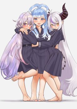 Rule 34 | 3girls, absurdres, aiharararara, averting eyes, barefoot, belt, bilingual commentary, blue eyes, blue hair, blush, breasts, closed mouth, commentary, demon girl, demon horns, dress, ear piercing, english commentary, eyebrows hidden by hair, feet, flat chest, foot focus, from side, full body, girl sandwich, hair between eyes, hair rings, hand on another's hip, hand on another's shoulder, highres, hololive, hololive english, hololive indonesia, horns, hug, kobo kanaeru, koseki bijou, la+ darknesss, long hair, looking at viewer, looking to the side, medium breasts, mixed-language commentary, multiple girls, nail polish, open mouth, piercing, pointy ears, purple dress, purple eyes, purple hair, sandwiched, school uniform, simple background, slit pupils, soles, standing, standing on one leg, toenail polish, toenails, toes, tongue, tongue out, very long hair, virtual youtuber, white background