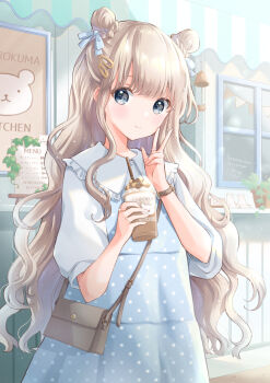 1girl bag banner blonde_hair blue_dress blue_eyes blue_ribbon blush braid brown_bag bun_with_braided_base closed_mouth collared_dress commentary_request dot_nose double_bun dress drink drinking_straw english_text hair_bun hair_ornament hair_ribbon hairclip highres holding holding_drink hoshiibara_mato long_hair menu original plant polka_dot polka_dot_dress potted_plant puffy_sleeves ribbon shoulder_bag side_up_bun smile solo w