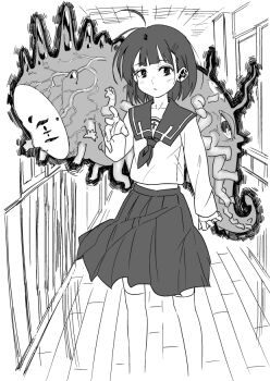 1girl ahoge commentary_request expressionless familiar greyscale looking_at_viewer magic mask monochrome monster okuribi original school_uniform serafuku short_hair sketch skirt