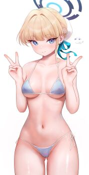 1girl absurdres bikini blonde_hair blue_archive blue_bikini blue_eyes blue_halo blush braid breasts bun_cover cameltoe closed_mouth commentary_request covered_erect_nipples cowboy_shot double_v gluteal_fold half_up_braid halo hands_up highres looking_at_viewer medium_breasts multicolored_hair navel nonzaku55 side-tie_bikini_bottom simple_background solo standing stomach streaked_hair string_bikini swimsuit thai_commentary toki_(blue_archive) v water_drop wet wet_hair white_background wispy_bangs