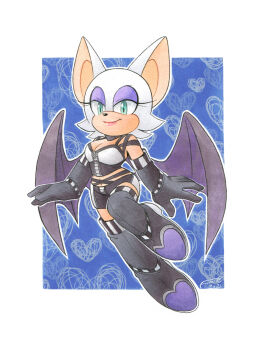 alternate_costume animal_ears bat_ears bat_wings black_boots black_gloves black_shorts blue_background boots breasts choker cleavage_cutout clothing_cutout elbow_gloves finik floating gloves green_eyes highres large_breasts lipstick makeup midriff multicolored_boots navel official_alternate_costume pink_lips rouge_the_bat shorts simple_background smile sonic_(series) sonic_adventure_2 thigh_boots two-tone_boots underbust white_background white_fur wings