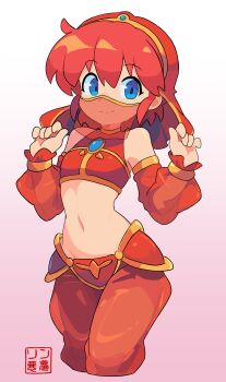 1boy absurdres adol_christin armor blue_eyes crossdressing crossdressing_(mtf) harem_outfit highres midriff navel red_hair rin_nightmare see-through_clothes trap ys
