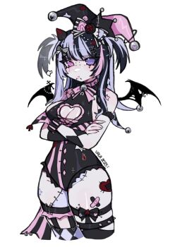 1girl bat_wings bell black_leotard black_streaks black_thighhighs breasts cleavage cleavage_cutout closed_mouth clothing_cutout commentary cropped_legs crossed_arms english_commentary face_piercing hair_ornament hair_sprinkles hat heart_cutout heterochromia highres indie_virtual_youtuber jester_cap jingle_bell labret_piercing leotard long_hair looking_at_viewer medium_breasts multicolored_hair neck_bell orangeequeen piercing pink_eyes pout purple_eyes purple_hair ringed_eyes second-party_source simple_background solo spikes sprinkle_hershy sprinkles stitched_leg stitches streaked_hair swept_bangs teardrop_facial_mark teeth thighhighs thighs tongue tongue_out two_side_up virtual_youtuber white_background wings