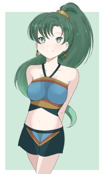 1girl ahoge armpit_crease arms_behind_back boyshort_panties bra breasts chocomiru collarbone earrings eyelashes female_focus fire_emblem fire_emblem:_the_blazing_blade fire_emblem_warriors floating_hair green_eyes green_hair hair_ornament halterneck happy intelligent_systems jewelry legs legs_together light_blush looking_at_viewer lyn_(fire_emblem) matching_hair/eyes matching_underwear medium_breasts midriff navel neck nintendo official_alternate_costume official_underwear panties ponytail print_bra print_panties smile sports_bra standing thighs underwear underwear_only