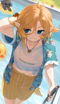 absurdres adversarial_noise antenna_hair arm_behind_head black_nails blonde_hair blue_eyes blue_jacket clothes_writing commentary dokibird dokibird_(summer) dokibird_(tomato) drawstring ear_piercing earclip english_commentary eyes_visible_through_hair fang fang_out highres indie_virtual_youtuber jacket jewelry long_pointy_ears male_swimwear midriff nail_polish navel official_alternate_costume open_clothes open_jacket pendant piercing pinstripe_pattern pointy_ears pool print_jacket shirt short_sleeves skin_fang slit_pupils striped_clothes swim_trunks tied_shirt vertical-striped_clothes virtual_youtuber water wet wet_clothes wet_shirt white_shirt yoako