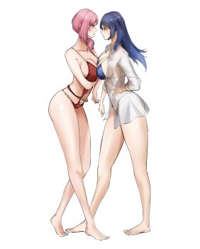 2girls absurdres bikini blue_hair breast_press breasts dead_or_alive dead_or_alive_xtreme dead_or_alive_xtreme_venus_vacation elise_(doa) face-to-face hand_on_own_hip highres jacket large_breasts multiple_girls one-piece_swimsuit pink_hair see-through_clothes see-through_jacket shandy_(doa) swimsuit toufed