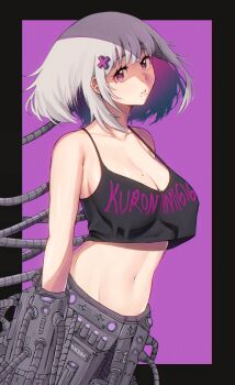1girl breasts cleavage crop_top cyborg grey_hair hair_ornament hairclip highres kuronami616 large_breasts looking_at_viewer machine mole mole_on_breast mole_under_eye mole_under_mouth navel original purple_background purple_eyes short_hair simple_background solo wavy_hair