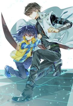 2boys 4_cdq black_hair black_pants black_shirt black_shoes blue_shirt blue_shoes brothers brown_hair closed_mouth coat full_body hair_between_eyes jacket kaiba_mokuba kaiba_seto long_hair long_sleeves looking_to_the_side male_focus multiple_boys open_clothes open_coat open_jacket pants shirt shoes short_hair siblings sleeveless sleeveless_coat sleeveless_jacket white_coat yellow_jacket yu-gi-oh! yu-gi-oh!_duel_monsters