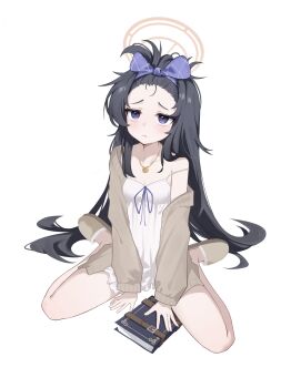 1girl absurdres bags_under_eyes bangs_pinned_back bare_shoulders between_legs black_hair blue_archive blue_bow blue_hairband book bow breasts brown_jacket brown_slippers cleavage closed_mouth collarbone commentary_request dress full_body hairband halo hand_between_legs highres jacket light_frown long_hair off_shoulder open_clothes open_jacket purple_eyes purple_ribbon ribbon simple_background sitting slippers small_breasts solo strap_slip ui_(blue_archive) very_long_hair wariza white_background white_dress xiaoxiaoyifan