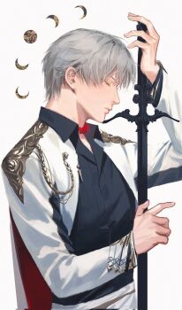 1boy black_shirt closed_eyes closed_mouth crescent_moon full_moon hand_up highres holding holding_sword holding_weapon jacket love_and_deepspace male_focus moon moon_phases open_clothes open_jacket orihara0820 pants shirt short_hair simple_background solo sword upper_body weapon white_background white_hair white_jacket white_pants xavier_(love_and_deepspace)
