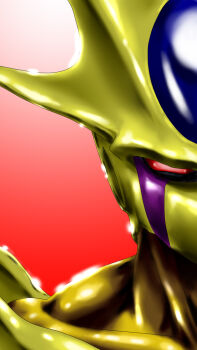 Rule 34 | 1boy, alien, alternate form, colored skin, commentary request, cooler (dragon ball), cooler (fifth form) (dragon ball), damos (child flame), dragon ball, dragon ball heroes, dragonball z, forehead jewel, gold skin, golden cooler, gradient background, highres, horns, looking at viewer, mask, mouth mask, muscular, muscular male, no humans, no pupils, official alternate color, red background, red eyes, shiny skin, solo, white background