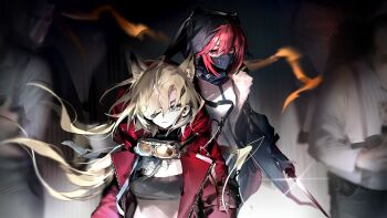 Rule 34 | 2girls, animal ear hood, animal ears, arknights, artist request, behind another, black jacket, black mask, black tube top, blonde hair, blue eyes, closed mouth, crownslayer (arknights), eirene lavazza (arknights), extra ears, eyepatch, fake animal ears, game asset, goggles, goggles around neck, highres, holding, holding weapon, hood, hood up, jacket, long hair, looking at another, looking down, mask, mouth mask, multiple girls, official art, red eyes, red hair, red jacket, shirt, strapless, third-party source, tube top, weapon, white shirt, wolf ears, wolf girl