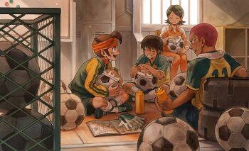Rule 34 | 3boys, ball, cabinet, endou mamoru, hairband, handa shin'ichi, inazuma eleven (series), kino aki, multiple boys, ramen11, short hair, sitting, soccer ball, soccer uniform, someoka ryuugo, sportswear