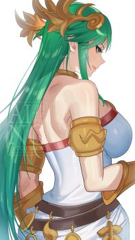 Rule 34 | 1girl, ancient greek clothes, armlet, back, bare shoulders, belt, breasts, brown belt, chain, closed mouth, commentary request, dress, gold chain, greco-roman clothes, green eyes, green hair, hair ornament, jewelry, kid icarus, kid icarus uprising, large breasts, long hair, median furrow, nintendo, palutena, shoulder blades, simple background, solo, vambraces, very long hair, white dress, yasaikakiage