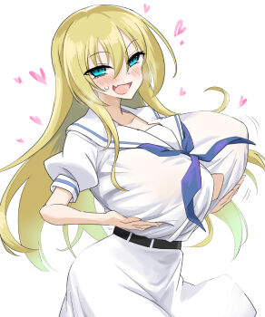 1girl belt blonde_hair blush breast_lift breasts bursting_breasts button_gap fang green_eyes hands_on_own_chest heart huge_breasts long_hair mizorogioro nervous_smile no_bra oohoshi_awai sailor_collar saki_(manga) school_uniform skin_fang smile solo