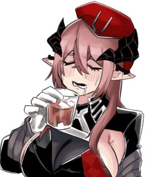 Rule 34 | 1girl, absurdres, arknights, black horns, blush, breasts, cleavage, closed eyes, cup, demon horns, gloves, hair between eyes, hat, highres, holding, holding cup, horns, ice, keru-the-green, large breasts, long hair, long sleeves, lower teeth only, open mouth, pink hair, pointy ears, red hat, solo, teeth, ulsulah (arknights), upper body, white gloves