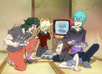 10s 4boys alternate_costume angry bad_id bad_twitter_id barefoot casual controller drink game_console game_controller gyosone inumuta_houka iori_shirou kill_la_kill male_focus mankanshoku_matarou multiple_boys nintendo playing_games sanageyama_uzu smirk super_famicom television