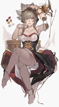 1girl absurdres bare_shoulders black_dress blunt_bangs breasts brown_hair cable chair closed_mouth collarbone commentary doll_joints dress english_commentary feet_out_of_frame flying-frappuccino genshin_impact hair_between_eyes hands_up hat highres joints lamp lips looking_up medium_breasts mob_cap on_chair purple_eyes sandrone_(genshin_impact) short_hair_with_long_locks simple_background sitting solo strapless strapless_dress table white_background white_hat