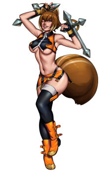 1girl animal_ears bare_shoulders blazblue blush boots breasts brown_hair crop_top fingerless_gloves gloves large_breasts lips makoto_nanaya microskirt midriff mootium one_eye_closed short_hair skirt sleeveless squirrel_ears squirrel_girl squirrel_tail tail teeth tonfa underboob weapon white_background