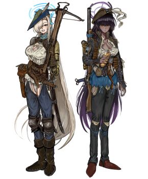 2girls absurdres alternate_costume asuna_(blue_archive) bandolier belt black_hair blonde_hair blue_archive blue_halo blue_nails blue_ribbon boots bow_(weapon) bread breasts chaps cleavage crossbow dark-skinned_female dark_skin food fundoshi gloves gradient_hair gun hair_over_one_eye hair_ribbon halo hat_feather highres holding holding_crossbow holding_food holding_weapon japanese_clothes karin_(blue_archive) kkghost_tv knee_armor large_breasts long_hair looking_at_viewer multicolored_hair multiple_belts multiple_girls musket nail_polish purple_hair purple_halo quiver ribbon rifle scabbard sheath simple_background smile sniper_rifle sword unit_patch very_long_hair weapon white_background yellow_eyes