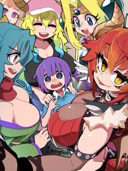 1boy 5girls absurdres artist_name black_tank_top blonde_hair blue_eyes blue_hair blue_shorts blunt_bangs bongftah breasts cleavage collarbone commentary_request crossover curtained_hair dragon_girl dragon_horns dragon_tail filia_ul_copt green_hair green_kimono grin hair_between_eyes hair_ornament hands_on_another&#039;s_shoulders hat highres hololive horns horns_through_headwear japanese_clothes kimono kiryu_coco kobayashi-san_chi_no_maidragon large_breasts long_hair long_sleeves looking_at_another looking_at_viewer looking_back lucoa_(maidragon) magatsuchi_shouta multicolored_hair multiple_crossover multiple_girls open_mouth pink_hat purple_hair red_hair shirt short_shorts short_sleeves shorts slayers slayers_try smile streaked_hair surrounded tail tank_top teeth tomoe_(tsuki_ga_michibiku_isekai_douchuu) trait_connection tsuki_ga_michibiku_isekai_douchuu upper_teeth_only virtual_youtuber vshojo yellow_eyes zentreya zentreya_(dragon) zentreya_(dragon)_(1st_costume)