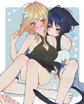 1boy 1girl ^^^ absurdres amano_hotaru_(hotaama) animal_ears armor armpit_crease arms_around_waist barefoot black_bodysuit black_bridal_gauntlets black_hair black_shirt blonde_hair bloomers blue_background blue_sleeves blush bodysuit border breasts bridal_gauntlets cat_ears cat_tail cleavage cleavage_cutout clenched_hand clothing_cutout couple covered_collarbone covered_erect_nipples criss-cross_halter disheveled ears_down eyelashes eyeliner eyeshadow fingernails flower furisode genshin_impact gold_ring grey_flower hair_flower hair_intakes hair_ornament halterneck heads_together hetero highres hug hug_from_behind japanese_armor japanese_clothes kimono knee_blush knees_together_feet_apart knees_up kote kurokote large_breasts layered_sleeves licking_shoulder looking_at_another lumine_(genshin_impact) makeup middle_ring multicolored_flower musical_note off_shoulder open_mouth paw_print pink_lips purple_eyes rabbit_ears red_eyeliner red_eyeshadow scaramouche_(genshin_impact) sharp_fingernails shirt short_hair short_hair_with_long_locks short_sleeves shoulder_blush sideboob sidelocks sitting sitting_between_lap sleeveless sleeveless_shirt spoken_musical_note sweat sweatdrop tail tareme toenails tongue tongue_out tsurime twitter_username underwear wanderer_(genshin_impact) watermark white_bloomers white_border white_flower white_kimono white_sleeves wide-eyed wispy_bangs yellow_eyes
