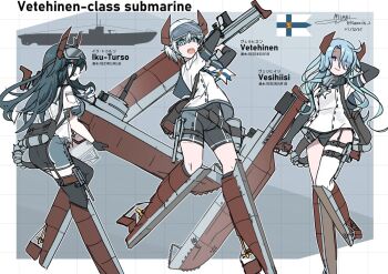 3girls blue_hair finnish_flag finnish_navy full_body multiple_girls original personification school_uniform serafuku submarine teisei_misagi watercraft white_serafuku