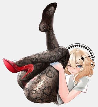 1girl absurdres ass blonde_hair blue_eyes breasts double_halo floral_print_pantyhose hair_ornament halo high_heels highres hooked_on_heel kaneko_lumi lace lace_pantyhose lace_pantyhose_hooked_on_heel_(meme) leg_up lying meme multiple_halos on_back pantyhose pantyhose_only phase_connect pupi_(rain_prophet) shiny_footwear shirt shoes single_shoe solo tearing_clothes tongue tongue_out torn_clothes torn_pantyhose virtual_youtuber white_shirt