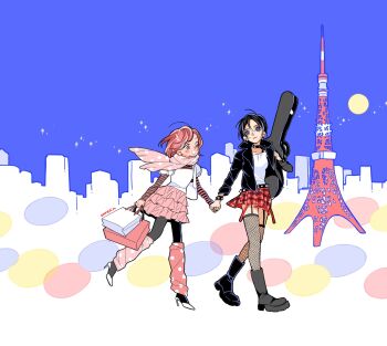 2girls animal_collar artist_name bag belt black_belt black_boots black_choker black_hair black_jacket black_pantyhose blush boots bracelet breasts choker collar eiffel_tower fishnet_thighhighs fishnets frilled_skirt frills full_body full_moon garter_straps grey_eyes guitar_case hair_ornament hairclip high_heels highres holding holding_bag holding_hands instrument_case jacket jewelry kamerimuu komatsu_nana leather leather_jacket leg_warmers medium_breasts medium_hair miniskirt moon multiple_girls nana_(series) osaki_nana pantyhose parted_bangs parted_lips pink_eyes pink_hair pink_leg_warmers pink_scarf pink_skirt plaid_clothes plaid_skirt polka_dot polka_dot_scarf puffy_short_sleeves puffy_sleeves red_skirt scarf shirt shirt_under_shirt shoes shopping_bag short_hair short_sleeves skirt skyline smile sparkle striped_clothes striped_shirt studded_belt studded_bracelet teeth thighhighs walking white_shirt white_shoes yuri