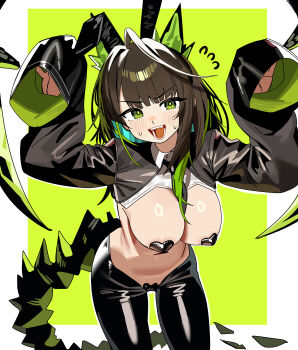 1girl absurdres ahoge alternate_costume animal_ears arknights black_hiphighs blush breasts brown_hair commentary cowboy_shot fake_animal_ears green_background green_eyes green_hair heart_pasties highres hiphighs large_breasts leaning_forward long_hair looking_at_viewer mechanical_tail mon3tr_(arknights) multicolored_hair necktie open_mouth pasties rabbit_ears reverse_bunnysuit reverse_outfit ruppu short_necktie shrug_(clothing) sleeves_past_wrists solo tail two-tone_hair