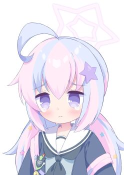 1girl ahoge backpack bag black_jacket black_neckerchief blue_archive blush closed_mouth commentary grey_shirt hair_between_eyes hair_ornament halo highres jacket long_hair multicolored_hair neckerchief open_clothes open_jacket pink_hair pink_halo purple_eyes purple_hair raised_inner_eyebrows reisa_(blue_archive) sailor_collar school_uniform serafuku shirt simple_background solo star_(symbol) star_hair_ornament star_halo strap_slip tearing_up twintails two-tone_hair upper_body white_background white_sailor_collar yuki_(user_tjvn3757)