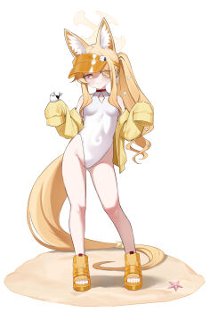 1girl absurdres animal_ear_fluff animal_ears bird blonde_hair blue_archive breasts clothing_cutout commentary_request contrapposto covered_navel cross_halo diamond_cutout fox_ears fox_girl fox_tail full_body halo highleg highleg_one-piece_swimsuit highres jacket long_hair official_alternate_costume official_alternate_hairstyle one-piece_swimsuit open-toe_shoes orange-tinted_eyewear orange_eyes sambel_kacang1 seia_(blue_archive) seia_(swimsuit)_(blue_archive) shoes side_ponytail simple_background sleeves_past_fingers sleeves_past_wrists small_breasts solo standing sunglasses swimsuit tail tinted_eyewear tit_(bird) visor_cap white_background white_one-piece_swimsuit yellow_halo yellow_jacket yellow_shoes yellow_visor