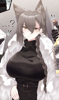 1girl 1other ^^^ absurdres alcohol animal_ear_fluff animal_ears arknights belt belt_buckle black_dress black_gloves black_nails black_sweater bottle braid brown_hair buckle closed_mouth coat cup doctor_(arknights) dress earrings extra_ears gloves hair_between_eyes hand_on_own_hip highres holding holding_cup jewelry long_hair long_sleeves looking_at_viewer mask mole mole_above_eye nail_polish official_alternate_costume official_alternate_hairstyle open_clothes open_coat other_pov penance_(arknights) penance_(occasionally_flushed)_(arknights) samip side_braid solo sweater sweater_dress upper_body white_coat wolf_ears yellow_eyes