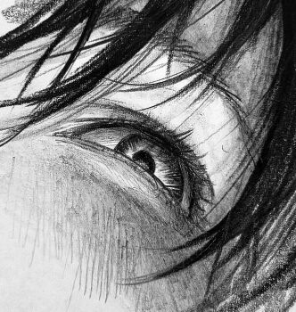 1other close-up commentary_request dutch_angle eye_focus graphite_(medium) greyscale half-closed_eyes highres kansouki looking_at_viewer monochrome original traditional_media