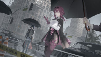 1boy 1girl 1other absurdres bandaged_hand bandages bandages_over_clothes black_gloves black_hair black_jacket black_shorts black_umbrella blade_(honkai:_star_rail) breasts building car caution_tape chest_harness chinese_clothes city closed_mouth collared_shirt commentary_request cowboy_shot crosswalk dutch_angle expressionless eyewear_on_head glasses gloves grey_pants grey_sky hair_over_one_eye hands_up harness high-waist_shorts highres holding holding_umbrella honkai:_star_rail honkai_(series) jacket jacket_on_shoulders kafka_(honkai:_star_rail) large_breasts long_hair long_sleeves looking_at_viewer motor_vehicle outdoors pants pantyhose pantyhose_under_shorts parted_lips pince-nez ponytail purple-tinted_eyewear purple_eyes purple_gloves purple_hair purple_pantyhose rain red_eyes round_eyewear scaffolding shirt shorts sky skyscraper smile sunglasses tinted_eyewear traffic_cone traffic_light umbrella varlyn white_shirt