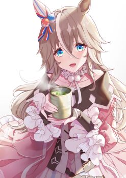 1girl akatsuki_(kuon) animal_ears bare_shoulders blue_eyes blush breasts choker coat collarbone commentary_request cup dress ear_covers frilled_choker frills grey_hair hair_between_eyes hair_ornament holding holding_cup horse_ears horse_girl jacket long_hair looking_at_viewer multicolored_hair off-shoulder_coat off-shoulder_dress off_shoulder open_mouth pink_coat pink_dress pink_jacket simple_background single_ear_cover smile solo streaked_hair tea teacup thick_eyebrows umamusume white_background wonder_acute_(butterfly_sting)_(umamusume) wonder_acute_(umamusume)