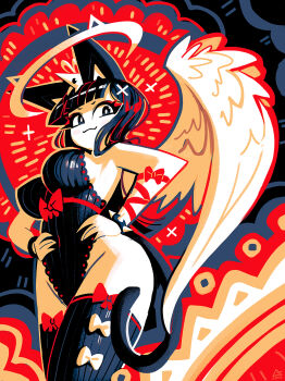 Rule 34 | 1girl, abstract background, andaerz, angel wings, animal ears, arm ribbon, black hair, black leotard, black thighhighs, bow, bow legwear, bracelet, cat ears, cat girl, cat girl (andaerz), cat tail, covered navel, cowboy shot, frilled leotard, frills, hair bow, halo, hands on own hips, highres, jewelry, leotard, looking at viewer, mouse (animal), mouse ears, original, red bow, red ribbon, ribbon, spiked bracelet, spikes, tail, thighhighs, wings