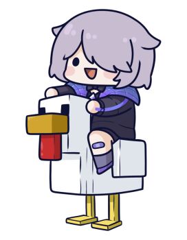 1girl :d bandaid bandaid_on_knee bandaid_on_leg black_eyes black_jacket blush_stickers chibi chibi_only chicken_(minecraft) chicken_jockey chicken_jockey_(meme) hair_over_one_eye hashtag-only_commentary hololive hololive_english jacket koseki_bijou koseki_bijou_(casual) long_sleeves meme minecraft open_mouth outline phdpigeon purple_hair riding riding_animal short_hair smile solid_circle_eyes transparent_background virtual_youtuber white_outline
