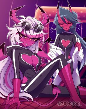 2girls absurdres ahoge arm_support black_hair black_horns black_jumpsuit black_tail black_wings blush boots breasts chestnut_mouth cleavage cleavage_cutout closed_eyes closed_mouth clothing_cutout coat coat_partially_removed colored_sclera colored_skin colored_tips commentary_request demon_girl demon_horns demon_tail demon_wings elbow_gloves eyewear_on_head facial_mark fewer_digits foot_out_of_frame frown gloves grey-framed_eyewear hair_between_eyes hair_over_shoulder heart heart_cutout heart_facial_mark hellaverse helluva_boss high_heel_boots high_heels highres hip_vent hood hood_down hooded_jumpsuit horns indoors jumpsuit kiki_(helluva_boss) knee_boots knee_up long_hair long_sleeves looking_down medium_breasts menattou multicolored_hair multicolored_horns multiple_girls no_nose nose_blush on_floor open_clothes open_coat open_door outline parted_lips pink_boots pink_gloves pink_hair pink_horns pink_skin pink_tail pink_wings railing red_skin round_eyewear single_vertical_stripe sitting small_breasts sparkle standing streaked_hair sunglasses sweat swept_bangs tail twitter_username two-tone_hair two-tone_horns two-tone_tail two-tone_wings u_u unzipping v-shaped_eyebrows verosika_mayday very_long_hair white_coat white_hair white_outline wings wooden_floor yellow_sclera zipper