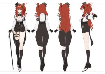 1girl absurdres armband asymmetrical_legwear belt black_armband black_bow black_bowtie black_choker black_gloves black_hat black_shorts bow bowtie breasts cane reference_sheet choker cleavage closed_mouth daiya_fortuna diamond-shaped_pupils diamond_(shape) full_body gloves grey_eyes hair_ornament hairclip hat heart heart-shaped_pupils heterochromia highres kamameshi_gougoumaru kneehighs large_breasts long_hair long_sleeves mini_hat multiple_views official_art pixellink pocket_watch red_eyes red_hair second-party_source shirt shirt_tucked_in shorts side_ponytail simple_background single_kneehigh single_sock single_thighhigh socks straight-on suspenders symbol-shaped_pupils thighhighs top_hat virtual_youtuber watch white_background white_footwear white_shirt