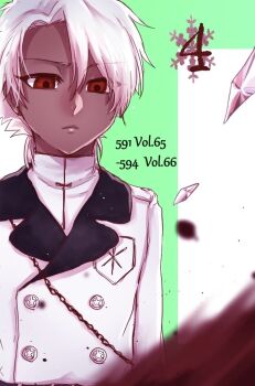 1046sstep_btoh 1boy bleach bleach:_sennen_kessen-hen blood coat commentary_request dark-skinned_male dark_skin expressionless eyes_visible_through_hair frown hitsugaya_toushirou ice male_focus red_eyes snowflakes solo upper_body wandenreich_uniform white_coat white_hair zombie_(bleach)