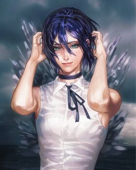 1girl black_choker black_ribbon chainsaw_man choker green_eyes hair_between_eyes highres neck_ribbon png_stalin reze_(chainsaw_man) ribbon shirt sleeveless sleeveless_shirt solo