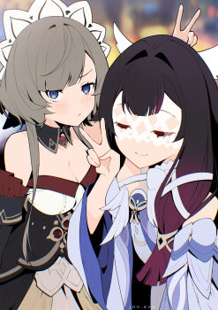2girls absurdres bare_shoulders black_collar black_hair black_sleeves blue_dress blue_eyes blurry blurry_background blush breasts cleavage closed_mouth collar columbina_(genshin_impact) detached_collar detached_sleeves dress eye_mask genshin_impact grey_hair head_wings headdress highres jon_eve long_hair looking_at_viewer mask medium_breasts multiple_girls sandrone_(genshin_impact) short_hair_with_long_locks smile strapless strapless_dress v white_headdress white_mask white_wings wings x-shaped_eyewear