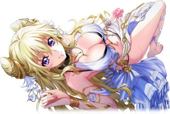 1girl armlet bikini black_bikini black_choker blonde_hair bracelet breasts chain choker cleavage code_geass code_geass:_boukoku_no_akito code_geass:_lost_stories cone_hair_bun double_bun f4samurai flower hair_between_eyes hair_bun hair_ornament jewelry large_breasts leila_malcal long_hair looking_at_viewer nail_polish necklace official_art outdoors plant purple_eyes red_nails smile solo swimsuit very_long_hair